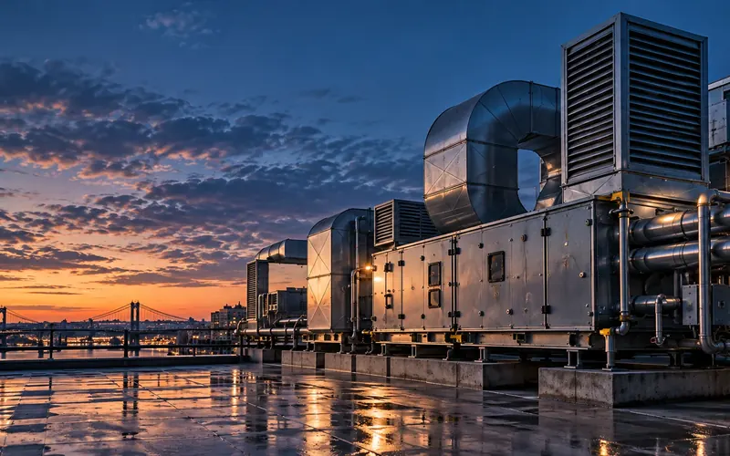 Unidades de climatização na cobertura de um edifício ao anoitecer