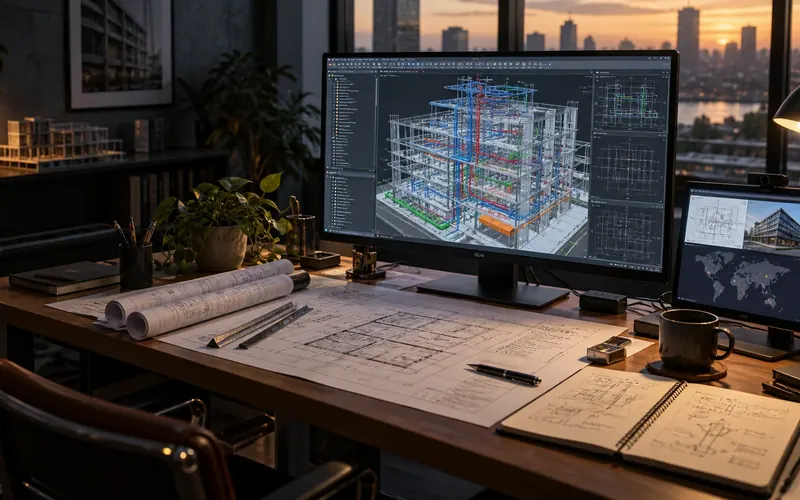Modelo tridimensional de instalações num ecrã, com plantas na mesa