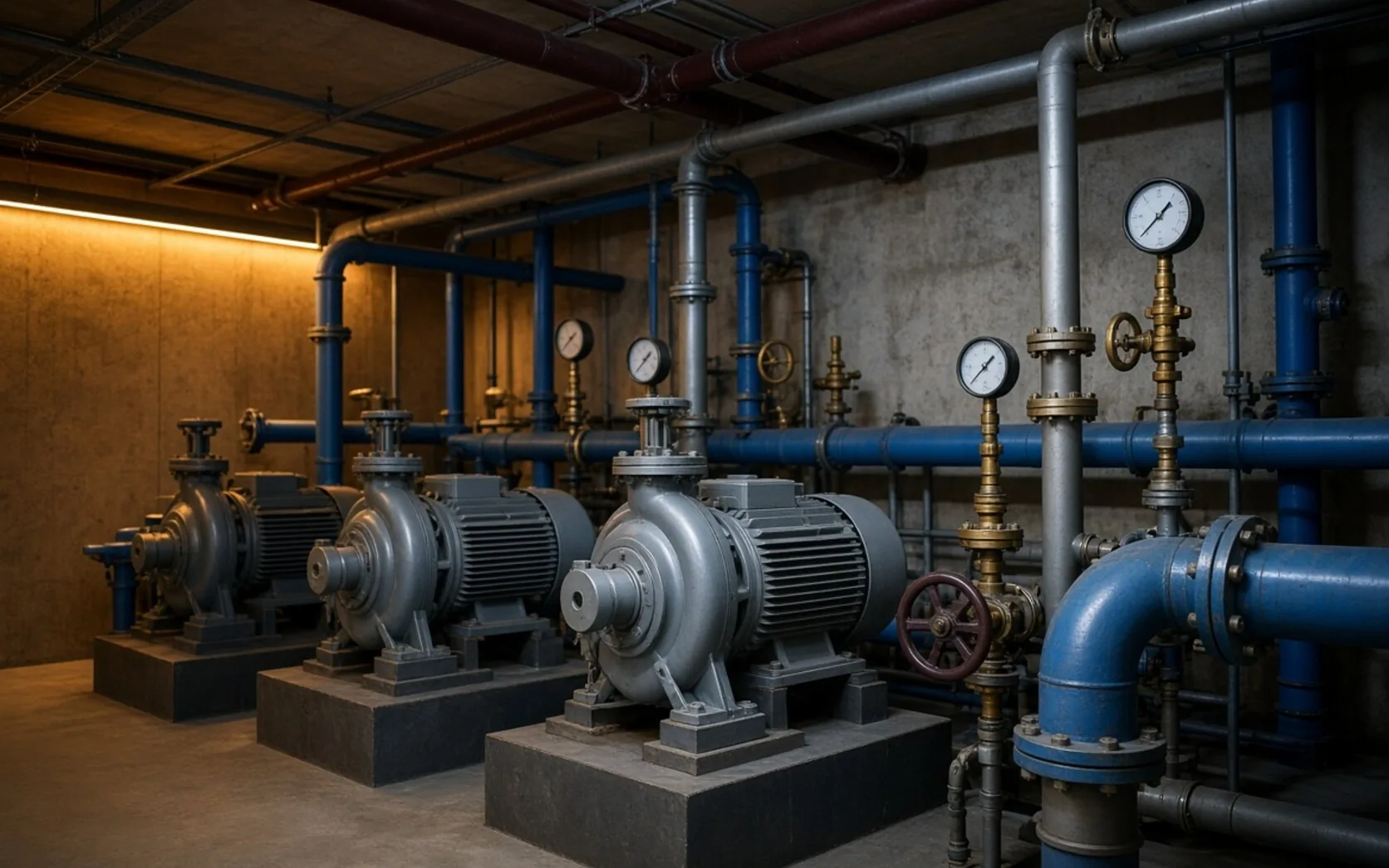 Sala técnica com bombas de água, tubagens e manómetros