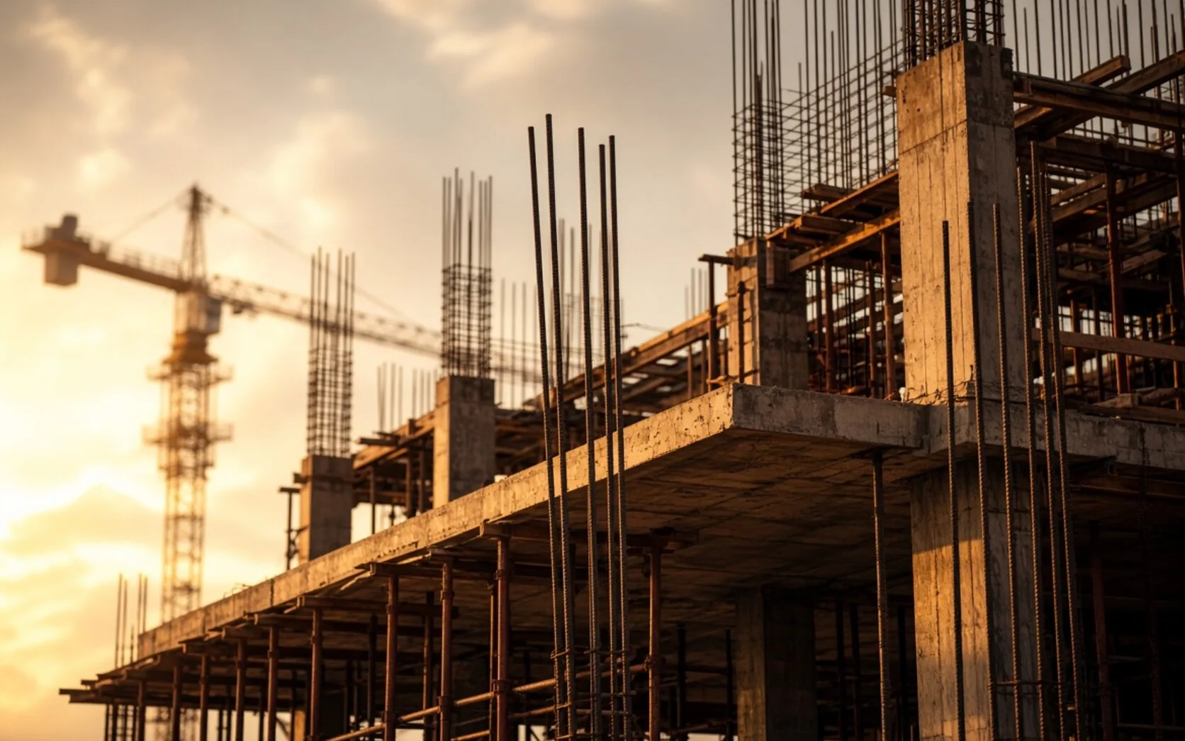 Estrutura de betão armado em construção com uma grua ao fundo