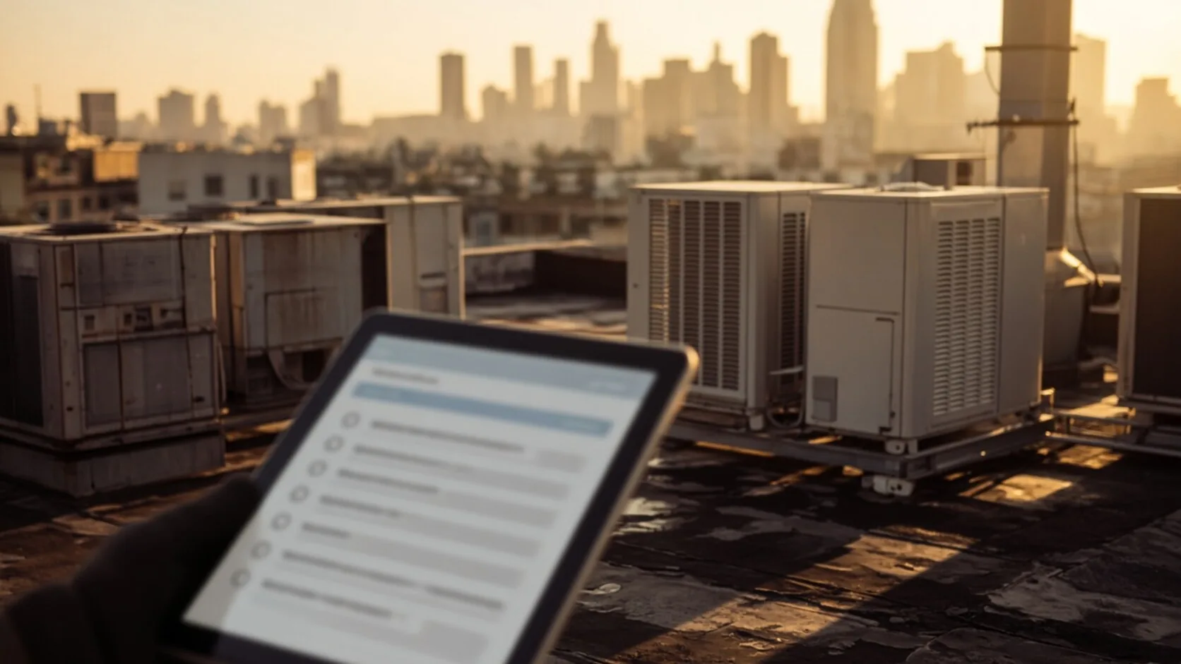 Cobertura de um edifício com unidades de climatização e um tablet com lista de verificação em primeiro plano