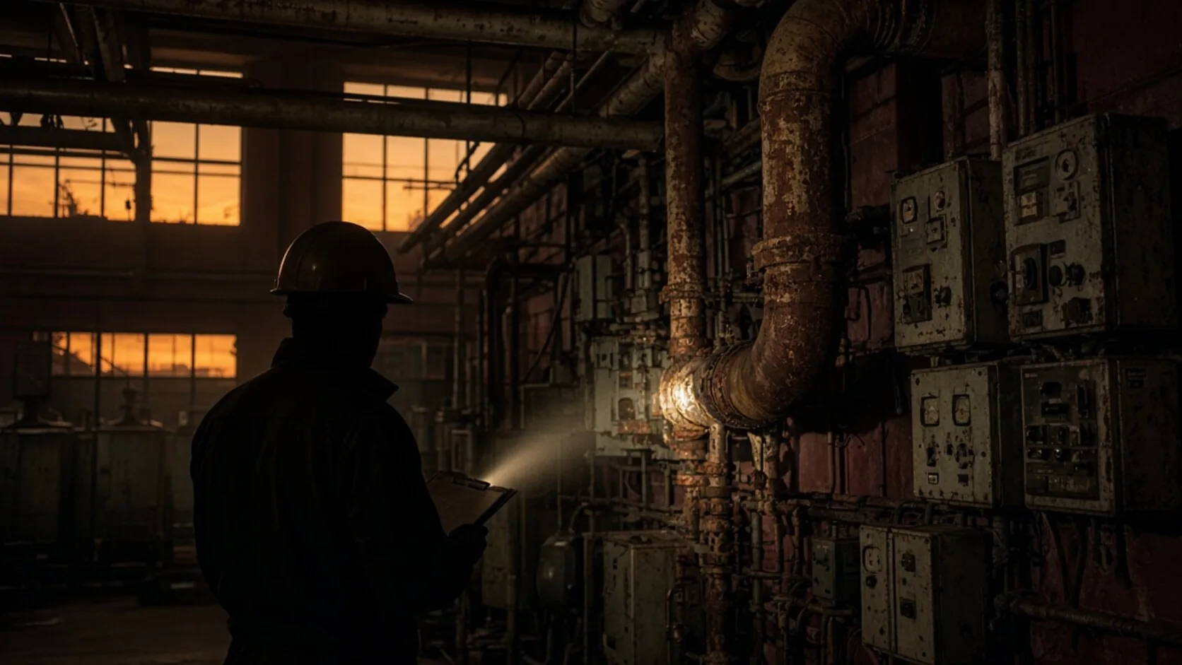Técnico com lanterna a inspecionar tubagens antigas e quadros elétricos numa sala técnica
